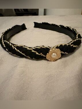 Charm Black Braided Headband with Gold Flower and Pearl Accent